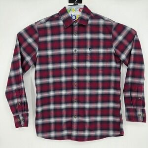 Fish Hippie Flannel Shirt Mens Medium Red Blue Plaid‎ Long Sleeve Casual